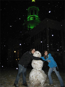 Snowman in front of Pat Neff Hall