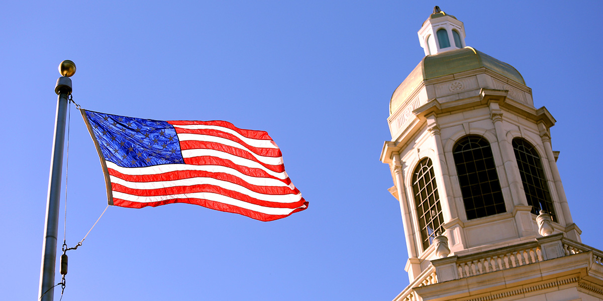 U.S. flag flies outside Pat Neff Hall at Baylor