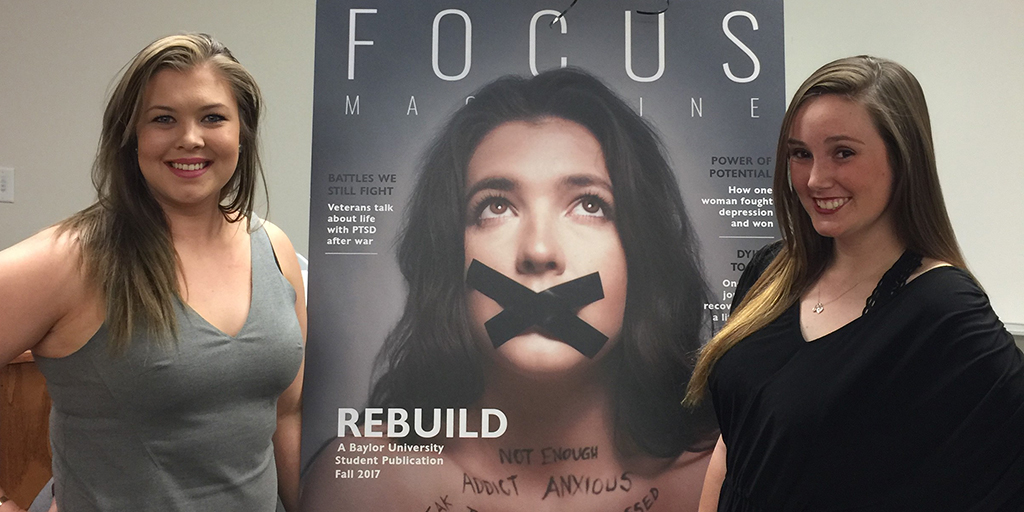 Hannah Neumann, BA ‘17, and Lauren Friederman, BA ‘17, pose at the unveiling of their Focus edition, which was named as Best in the Nation college magazine by the Society of Professional Journalists.