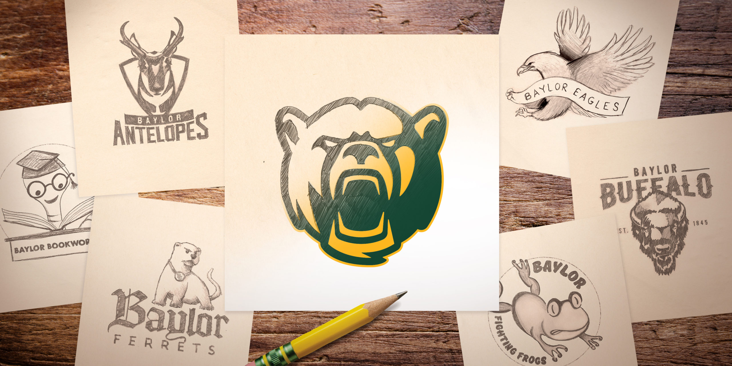 Sketches of Baylor's current bear logo and other logos that might have been