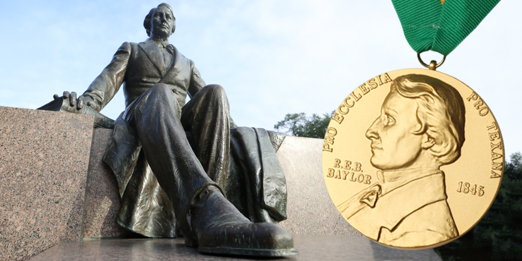 Judge Baylor statue with the Founders Medal superimposed