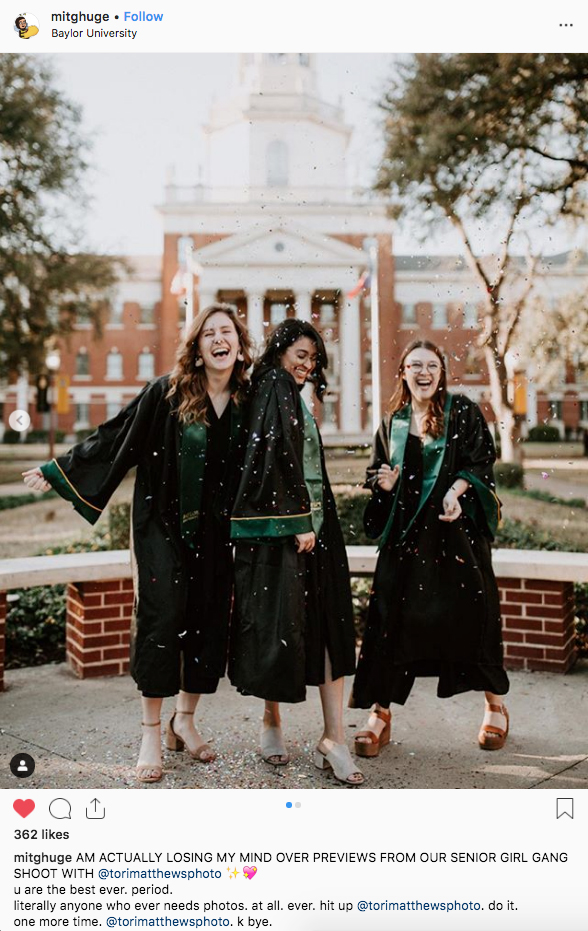 Three female Baylor graduates together outside Pat Neff Hall 
