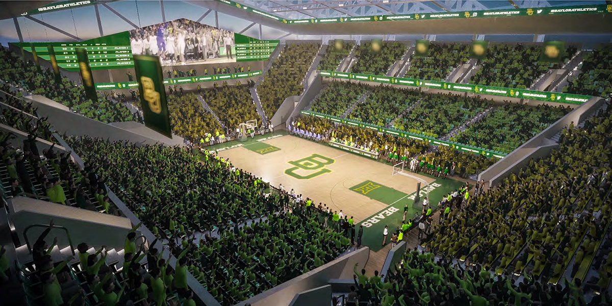 An early rendering of the interior of a new basketball fieldhouse