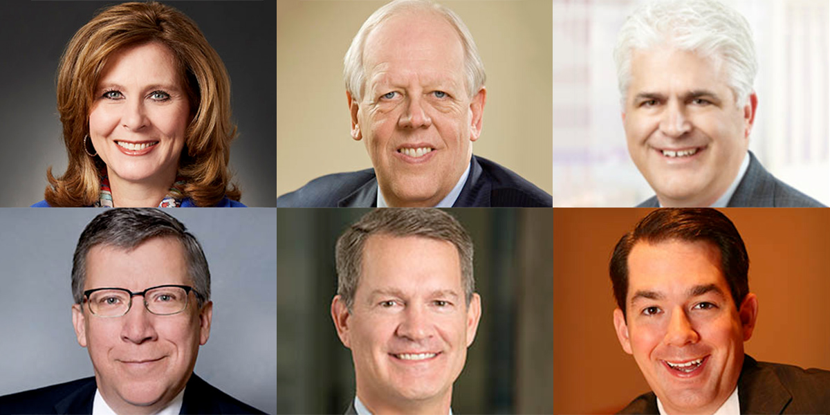 Headshots of Baylor's new Board members: Sarah Gahm, William Mearse, Mark Petersen, Manny Ruiz, David M. Slover, Randall A. Umstead