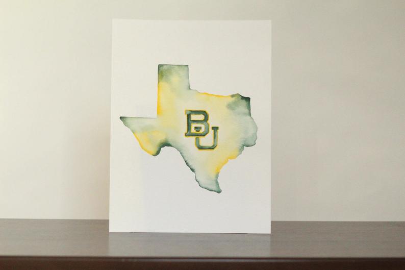 A green and gold watercolor painting of Texas