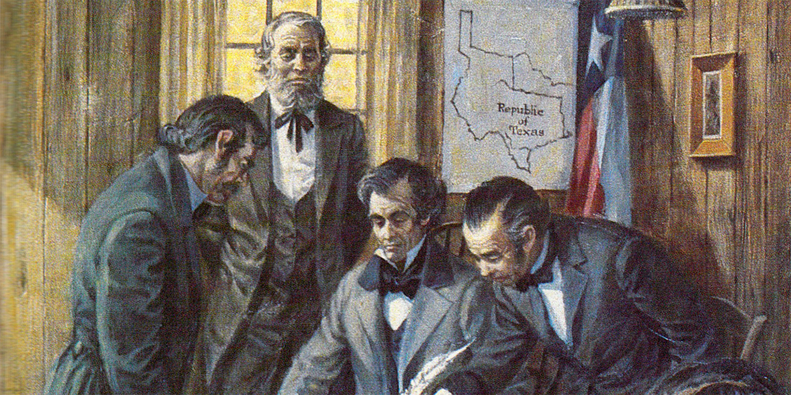 Baylor's founding fathers -- Judge Baylor (standing), James Huckins (center) and William Tryon (right)