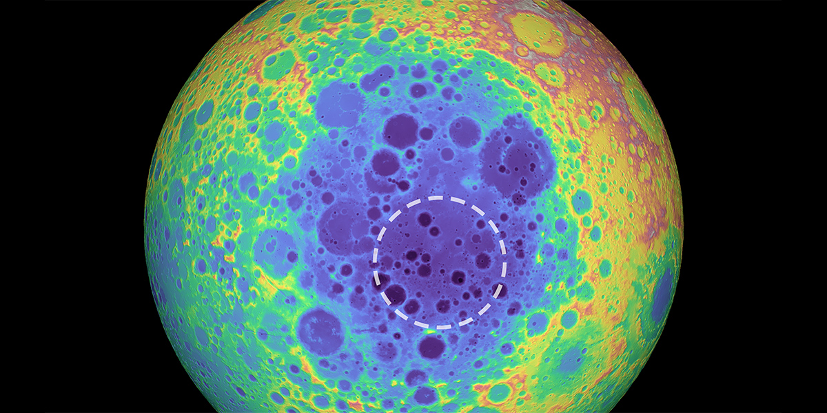 A false-color graphic showing the topography of the far side of the Moon
