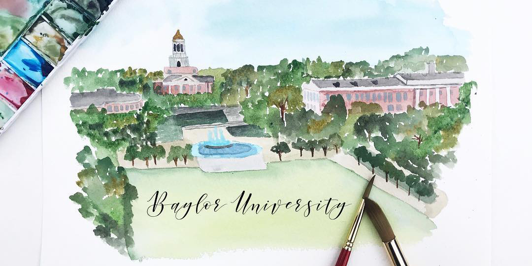 A watercolor painting of Baylor's campus from the air