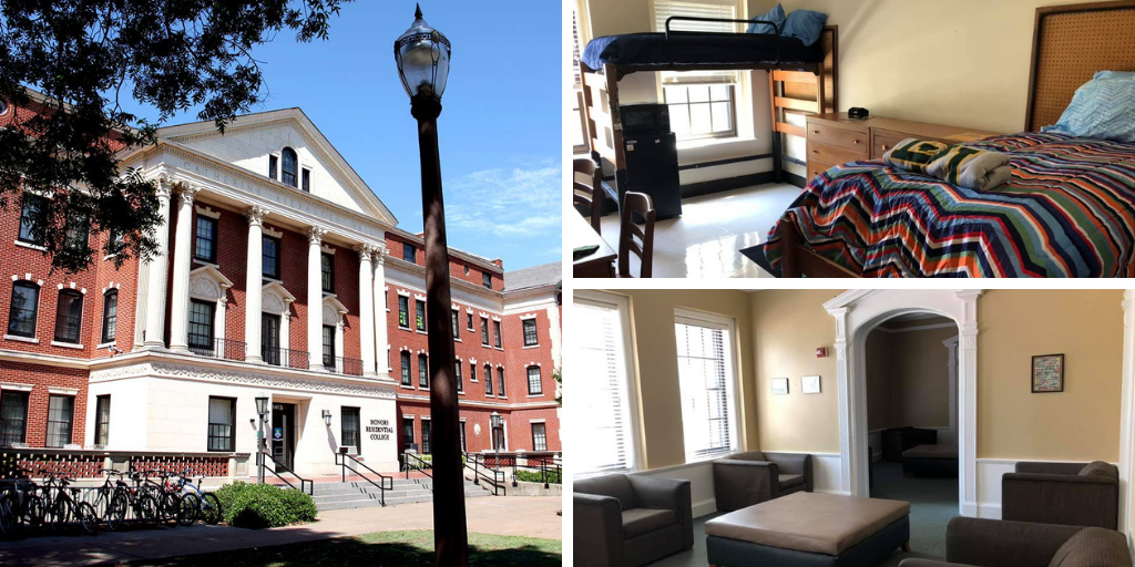 Alexander Hall - photos of the exterior, a student room, and a communal area