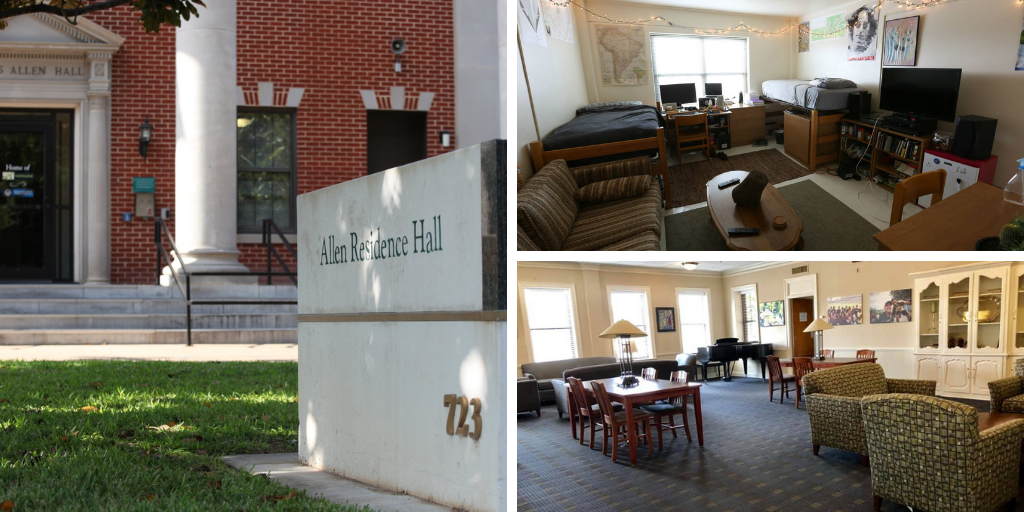 Allen Hall - photos of the exterior, a student room, and a communal area