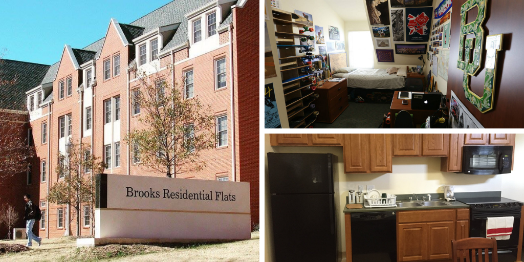 Brooks Flats - photos of the exterior, a student room, and a communal area