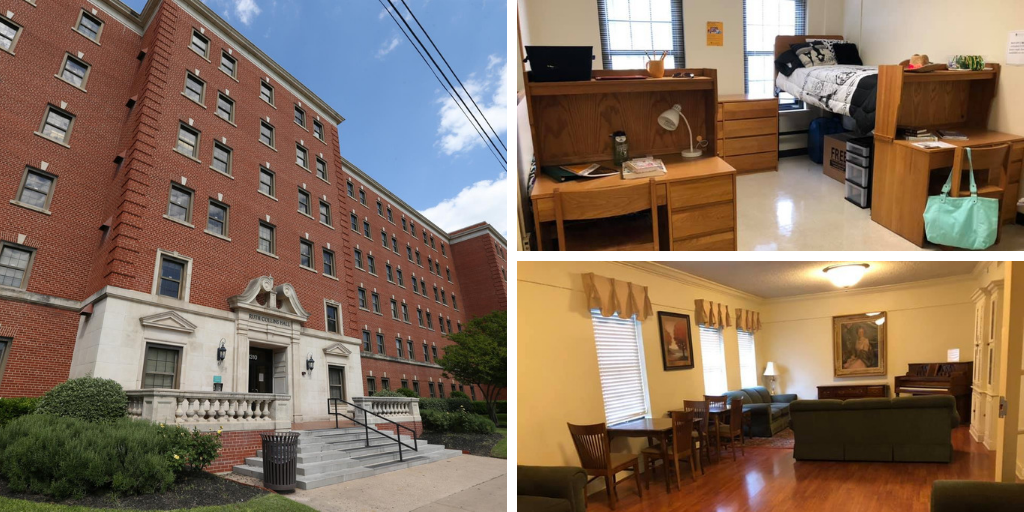 Collins Hall - photos of the exterior, a student room, and a communal area