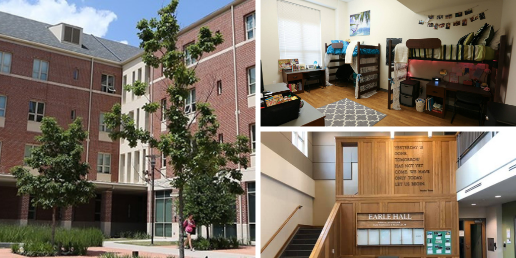 Earle Hall - photos of the exterior, a student room, and a communal area