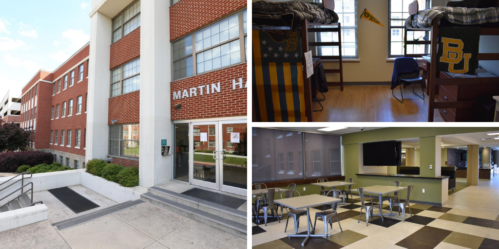 Martin Hall - photos of the exterior, a student room, and a communal area