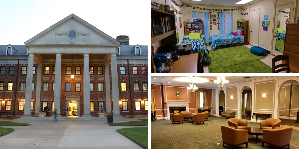 Memorial Hall - photos of the exterior, a student room, and a communal area