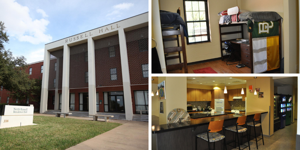 North Russell Hall - photos of the exterior, a student room, and a communal area