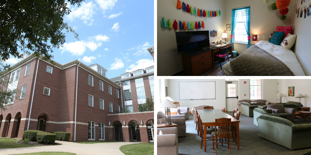 North Village - photos of the exterior, a student room, and a communal area