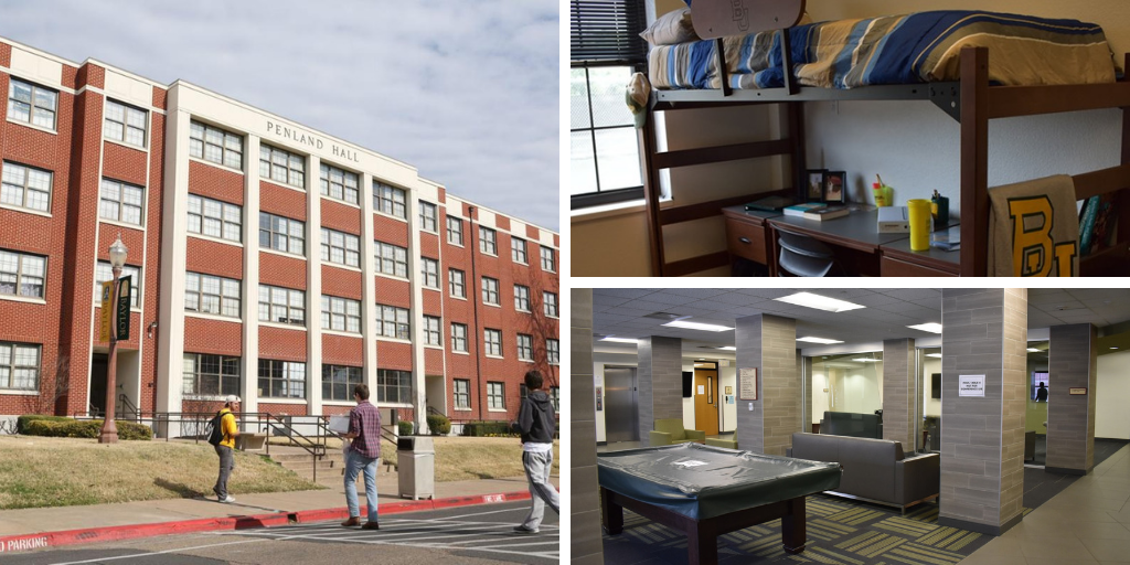 Penland Hall - photos of the exterior, a student room, and a communal area