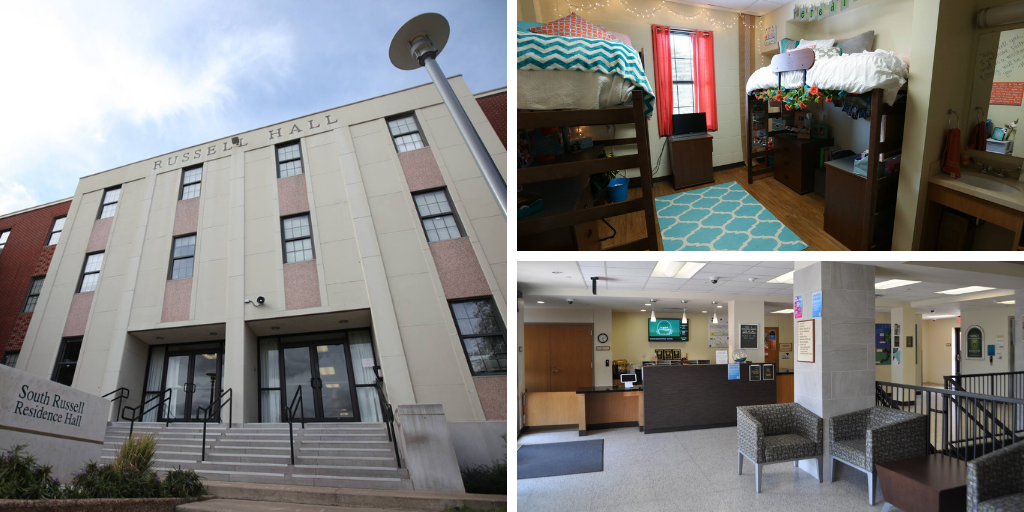 South Russell Hall - photos of the exterior, a student room, and a communal area