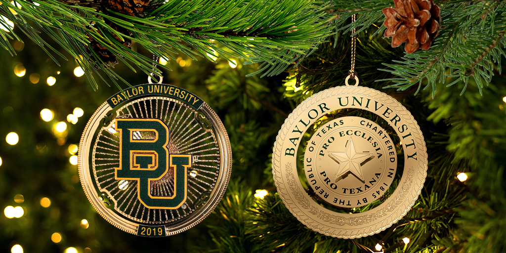 2019 Baylor Christmas ornaments hanging on a tree