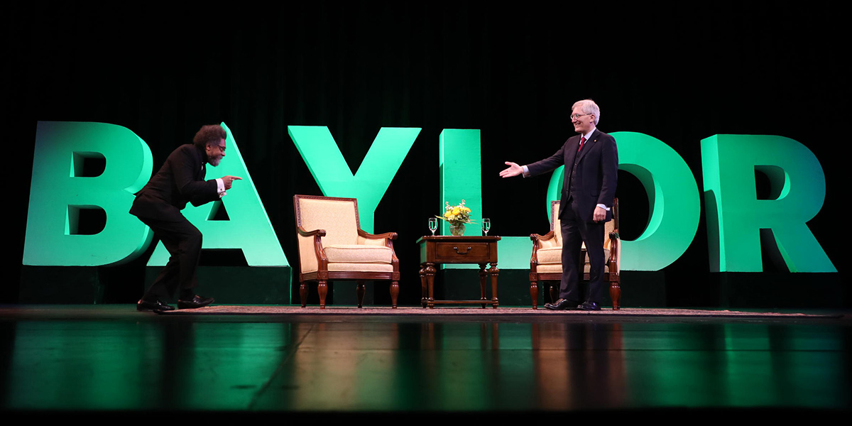 Drs. Cornel West and Robert George on stage at Baylor