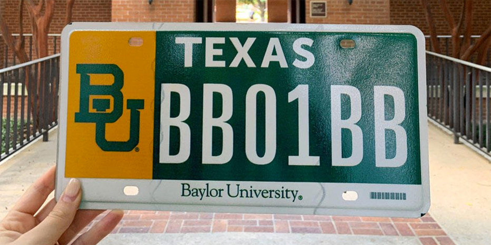 New Baylor license plate, displayed outside Old Main