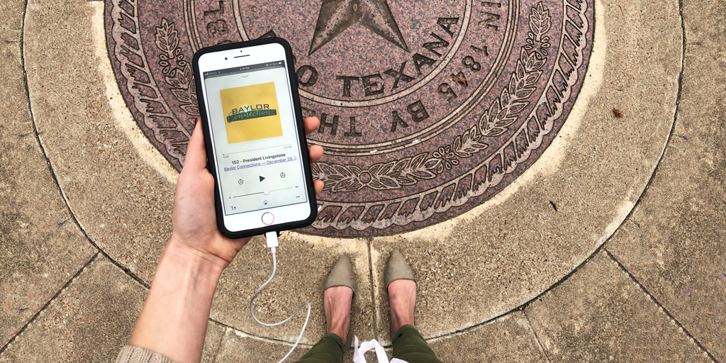 A phone playing the Baylor Connections podcast