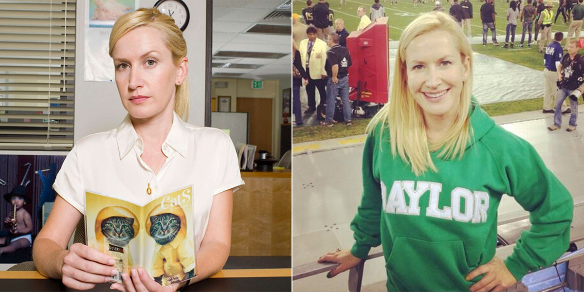 Angela Kinsey, as "Angela" on "The Office" and wearing a Baylor shirt in real life