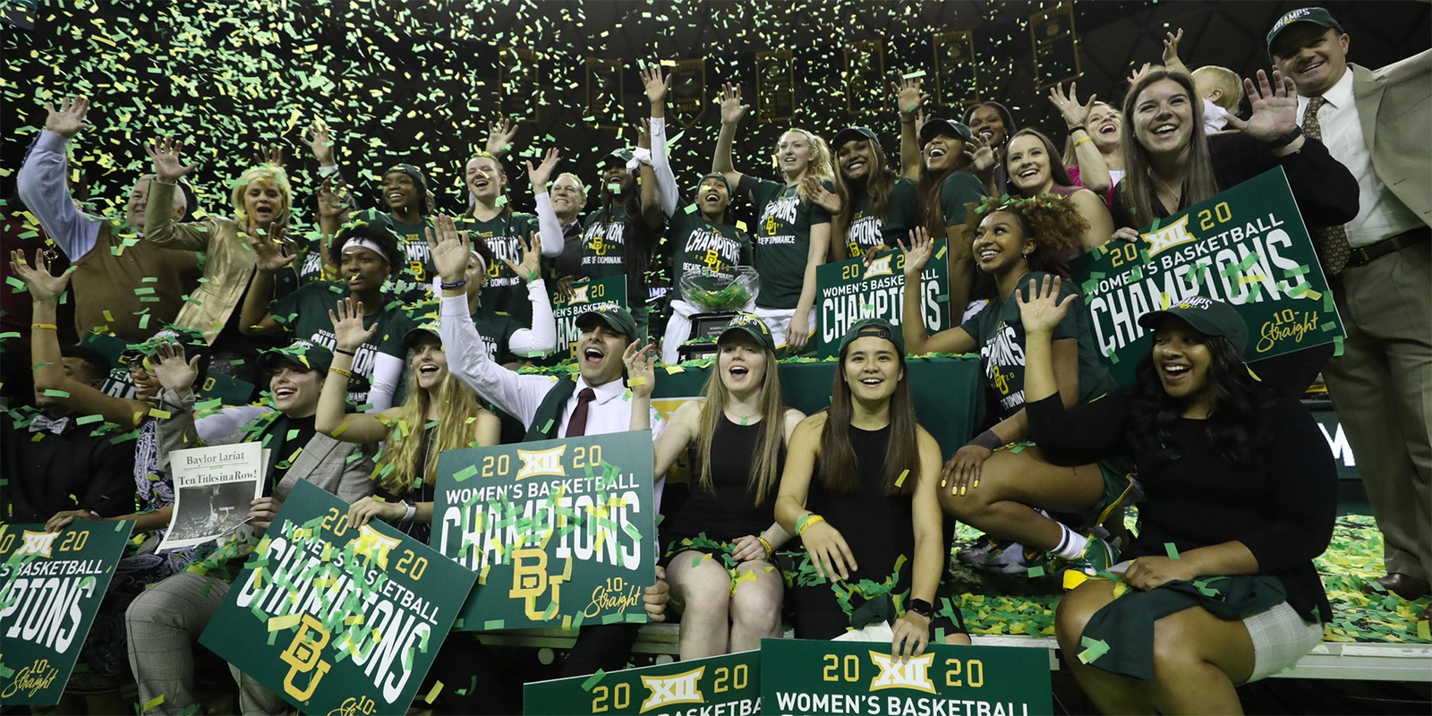 Baylor women's basketball team poses with the Big 12 trophy