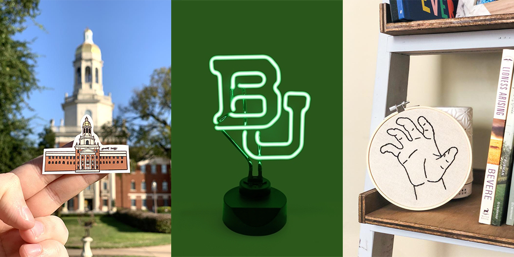 Collage of Baylor gift ideas, from stickers to a desklamp
