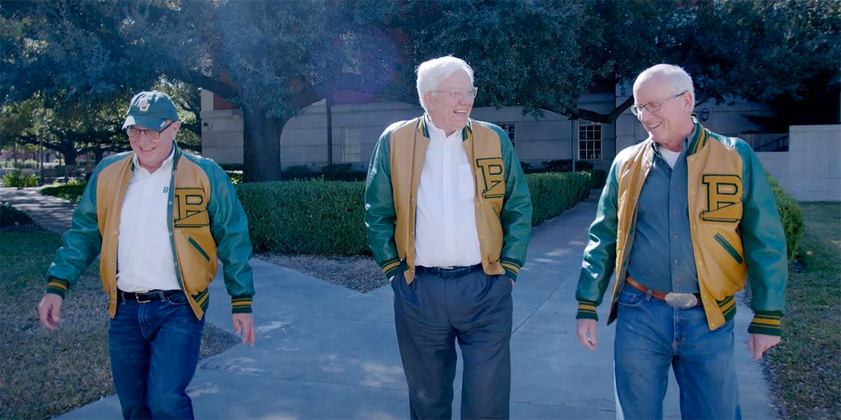 The three founding members of the Baylor Line walk on campus