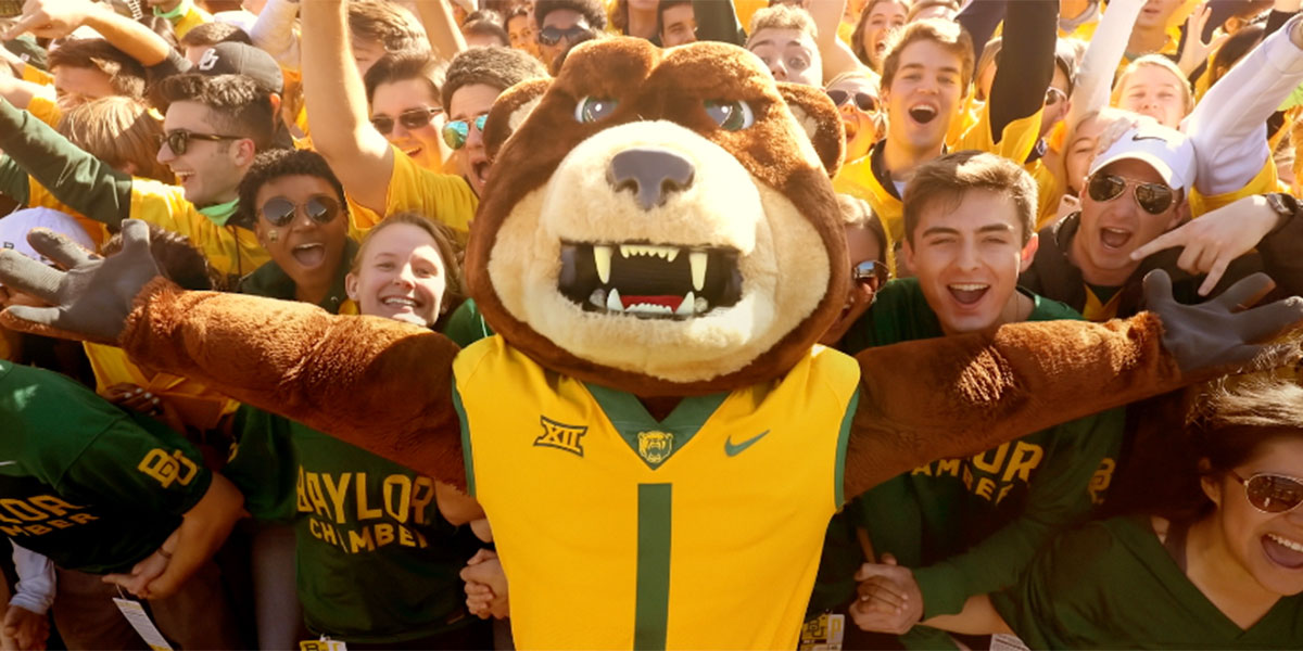 Screenshot from Baylor's commercial featuring Bruiser and students