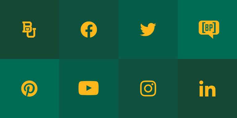 Social media icons in green and gold