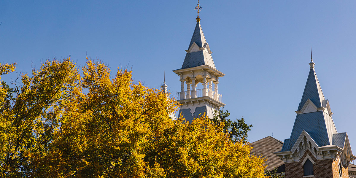 Baylor's skyline with leaves turning gold