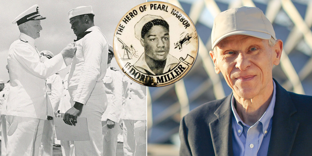 Doris Miller receiving the Navy Cross, a button honoring Miller, and Dr. T. Michael Parrish