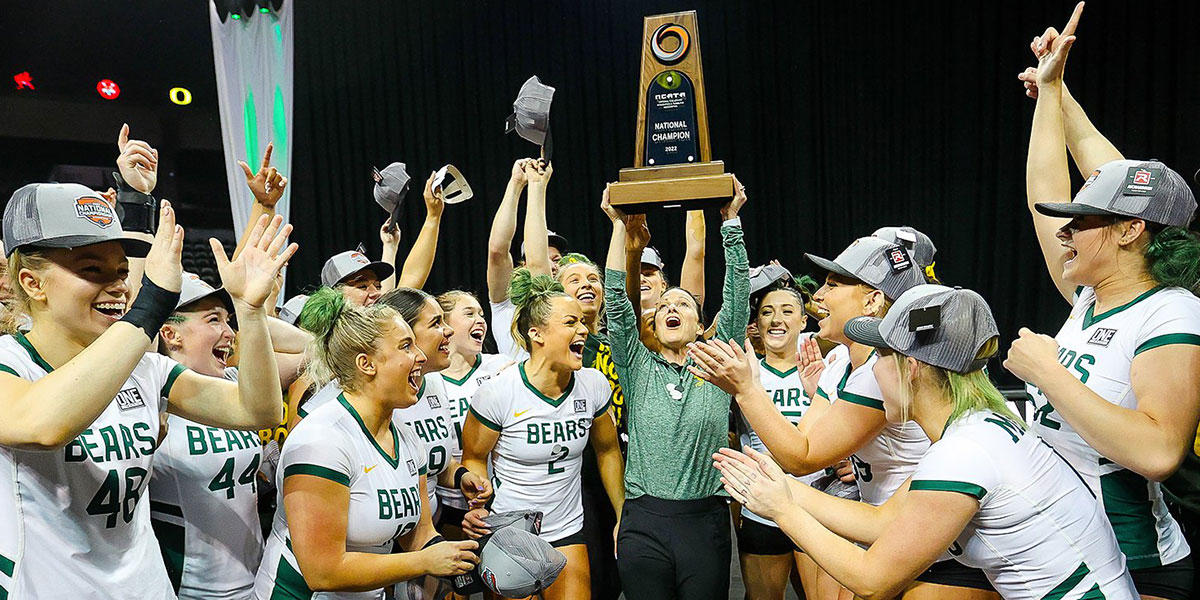 Baylor acrobatics and tumbling raises the national title trophy