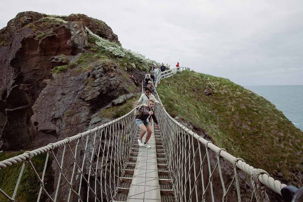 Students on a rope bridge in Ireland