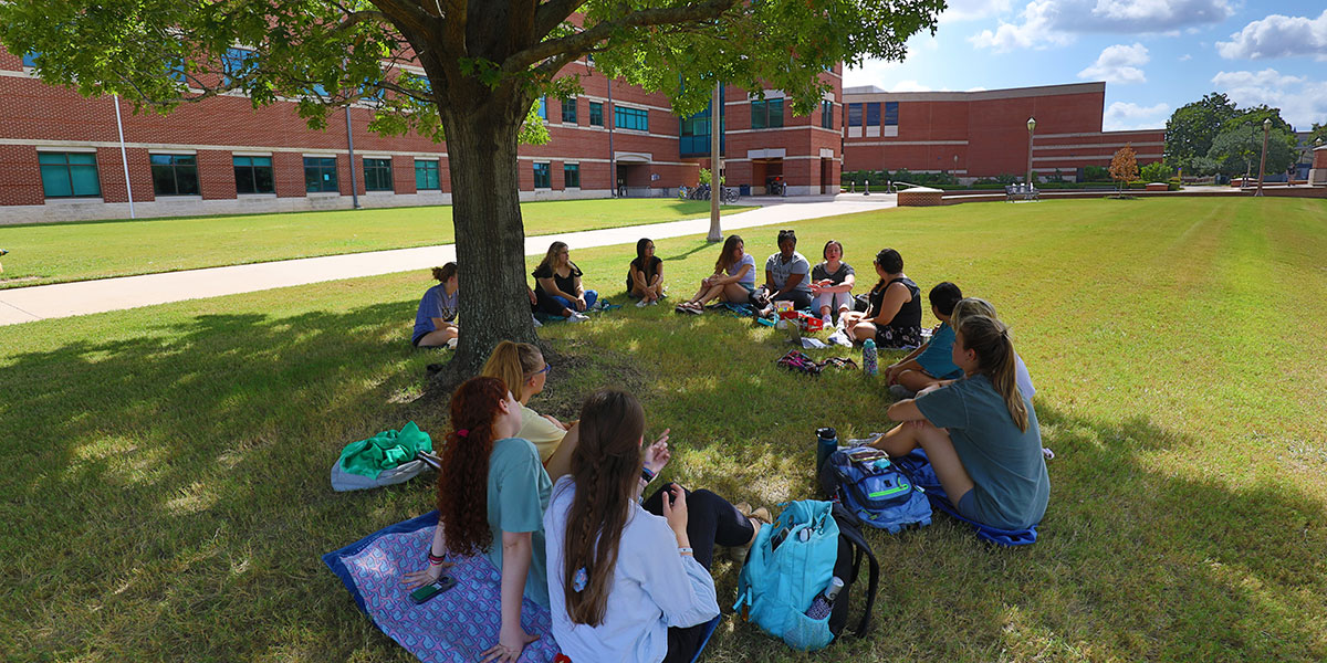 Students enjoying class outside under a tree