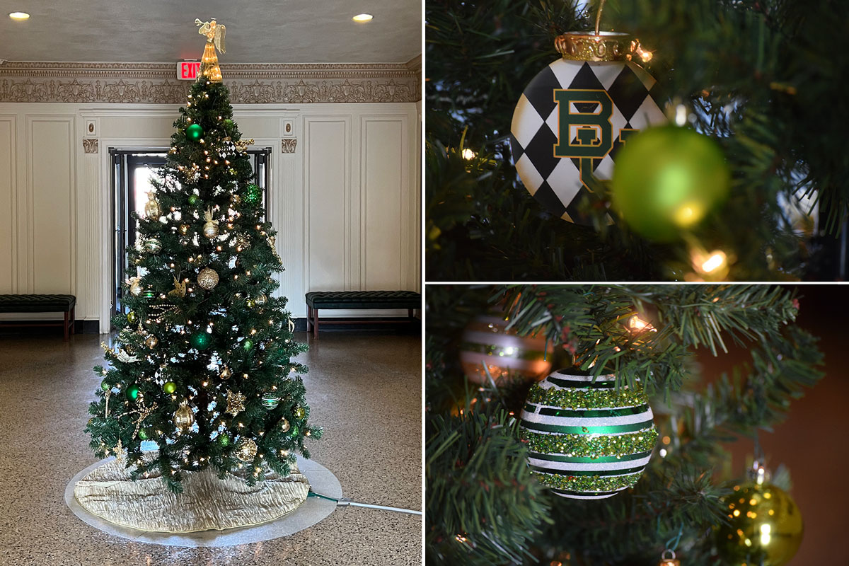 Christmas tree inside Pat Neff Hall, with close-ups of Baylor ornaments
