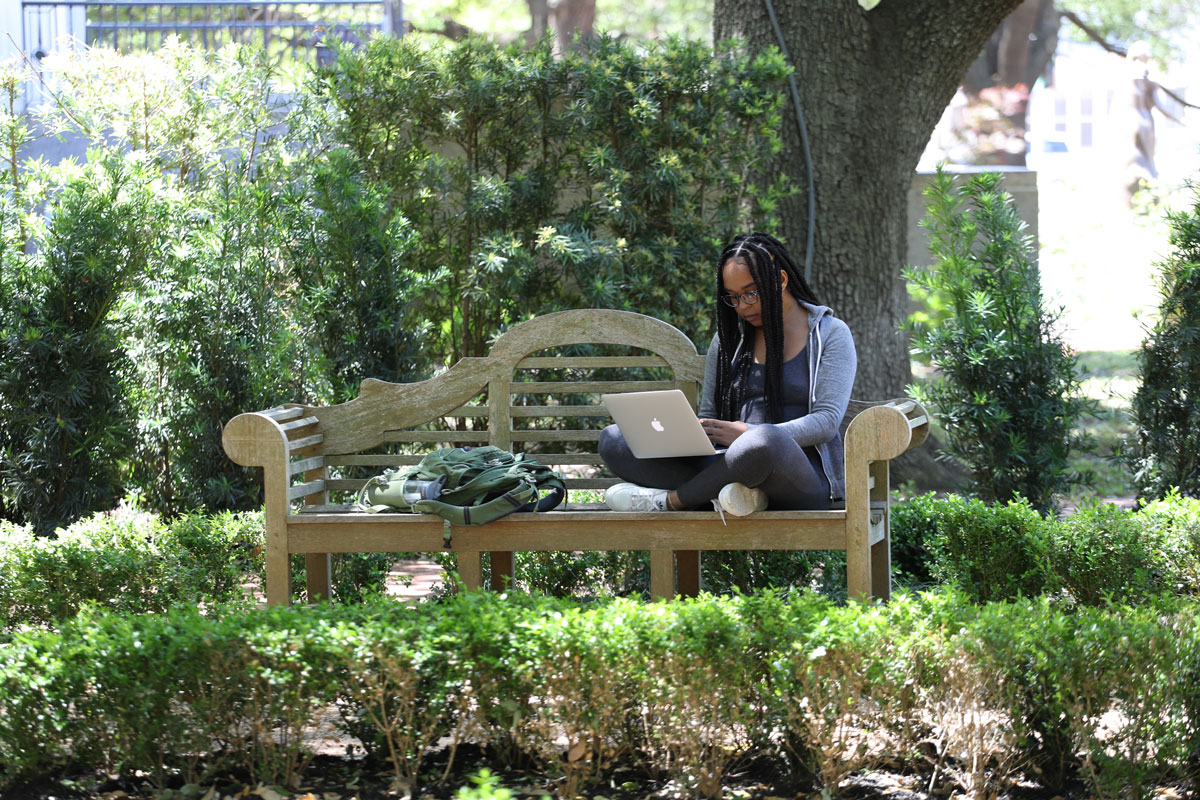 A student studying on a bench in the Garden of Contentment