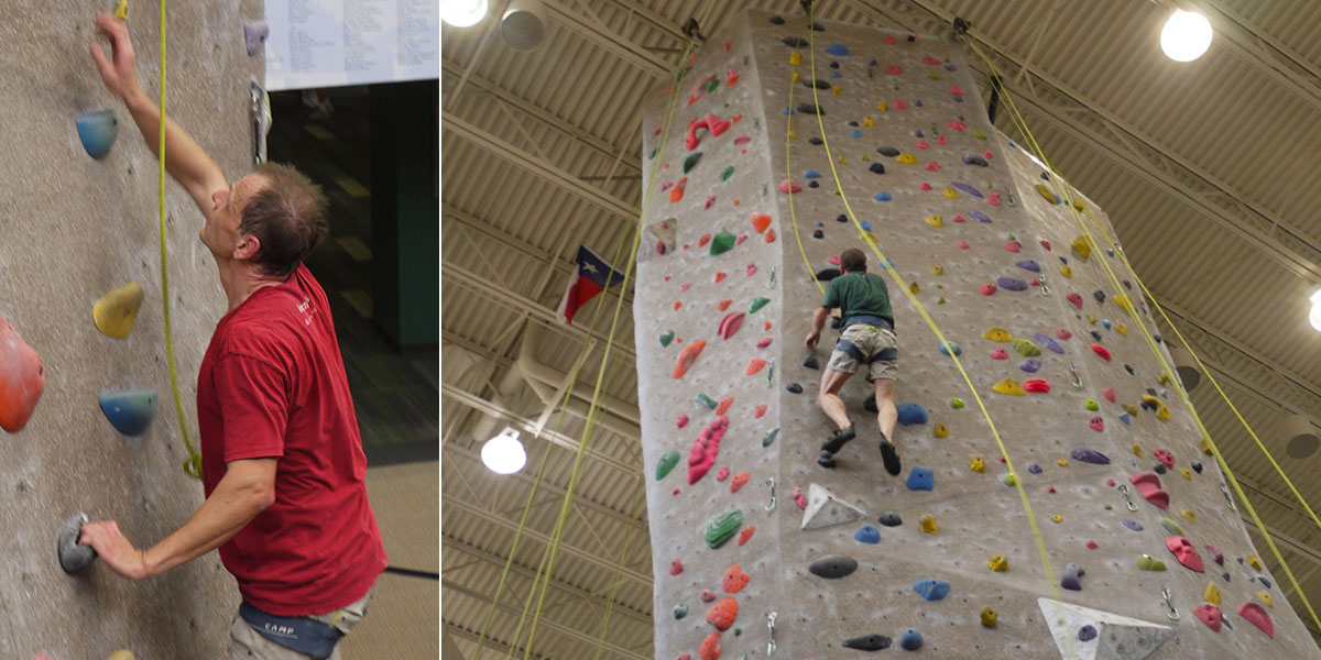 Dr. Alexander Pruss climbing "The Rock" in Baylor's McLane Student Life Center