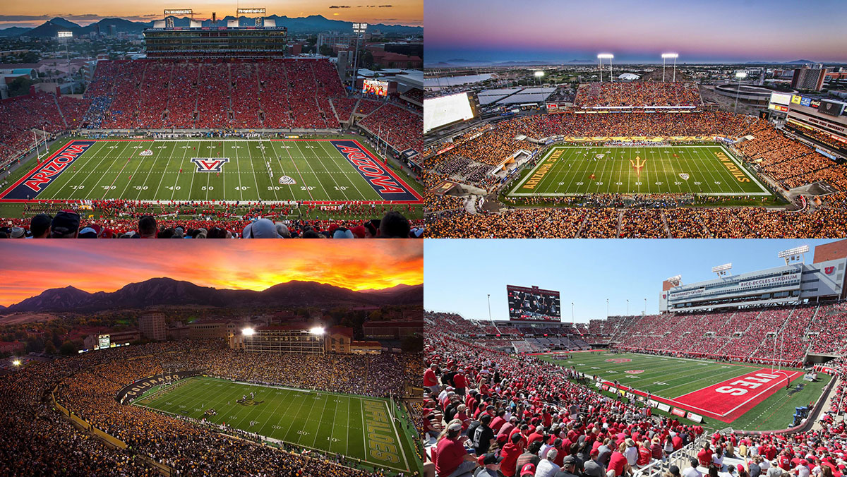 Photos of football stadiums at Arizona, Arizona State, Colorado and Utah