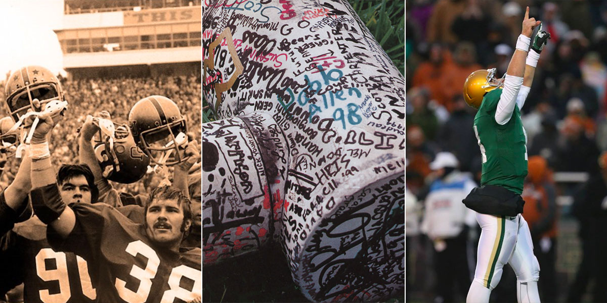 Players celebrating after being UT in 1974; the signed goalpost from 1997; and Bryce Petty celebrating in 2013