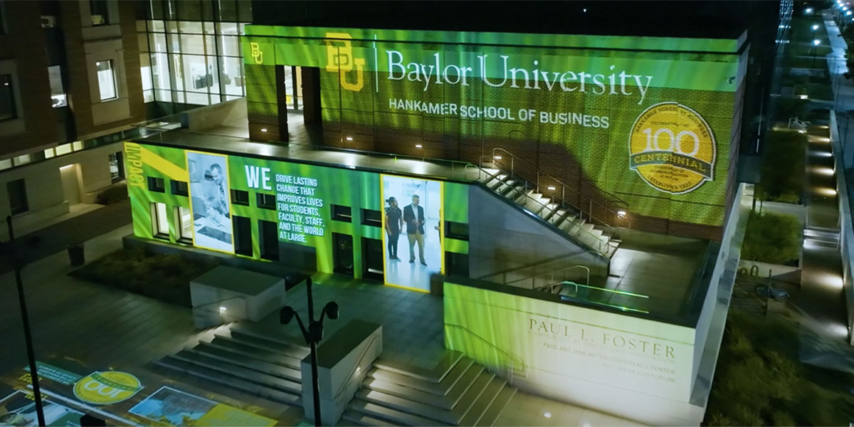 Baylor Business Centennial Projection Mapping Show, projected on the exterior of the Foster Campus