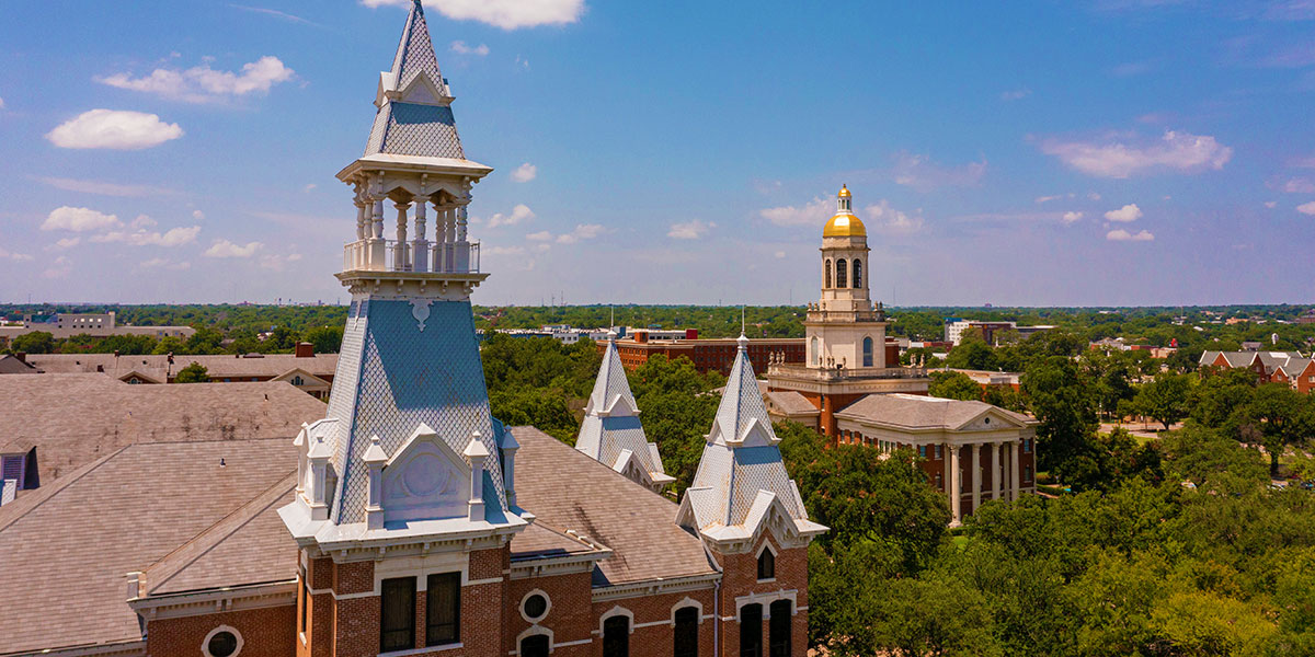 Baylor skyline featuring Old Main and Pat Neff Hall