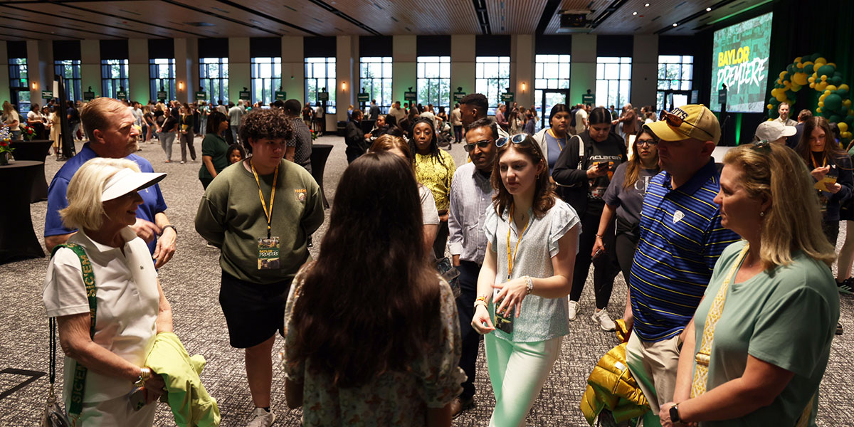 Students in Hurd Welcome Center's ballroom for Baylor Premiere