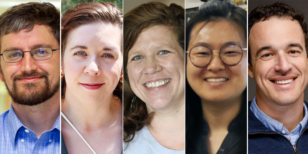 L-R, headshots of Drs. Peter James, Rebecca Jones-Antwi, Sarah Kienle, Yang Li, and Sam Urlacher