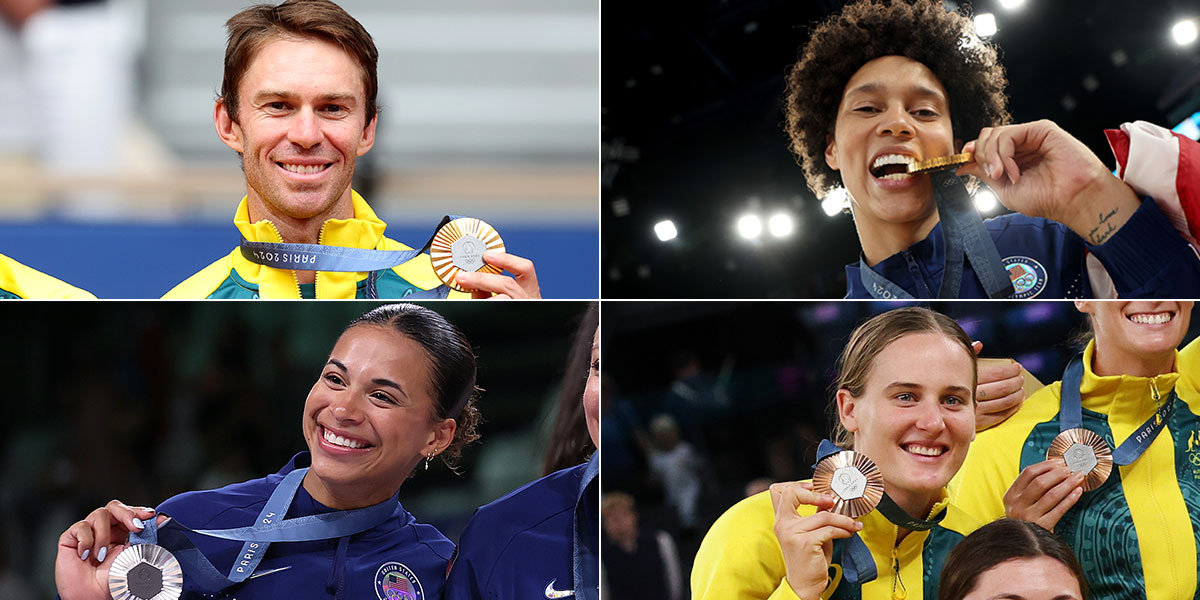 Clockwise from top left: John Peers, Brittney Griner, Kristy Wallace, and Avery Skinner, each holding Olympic medals