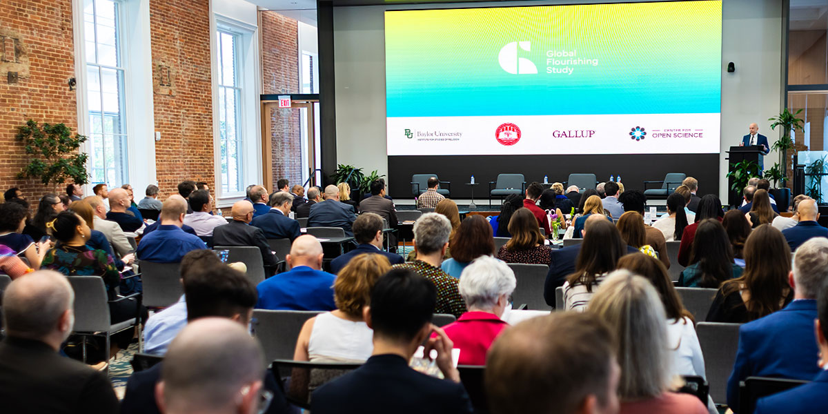 Dr. Byron Johnson speaks at an event celebrating the Global Flourishing Study's initial findings