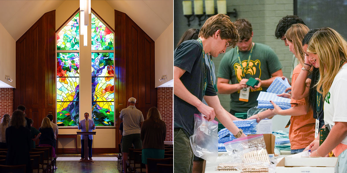 Baylor's prayer service (left) and Baylor Bears packing relief supplies (right)